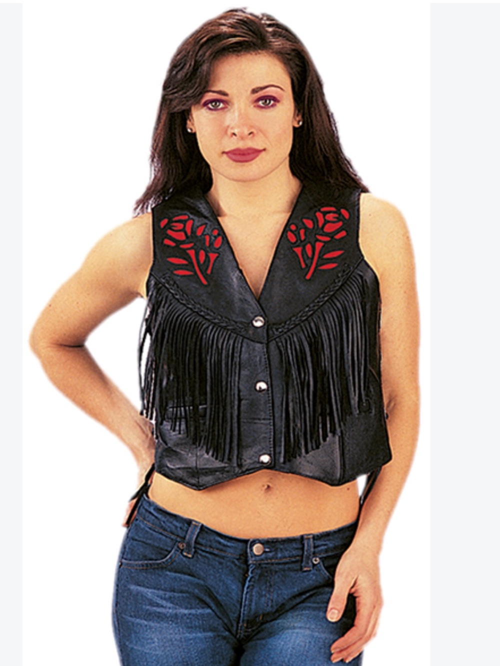 USA Bikers Dream Apparel Red Rose Vintage Motorcycle Leather Vest Fringe & Braid